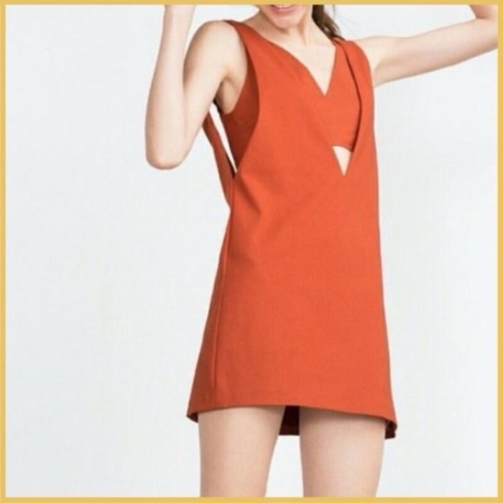 Zara Deep V-Neck Pinafore Bralette Orange Mini Dress Size Large L